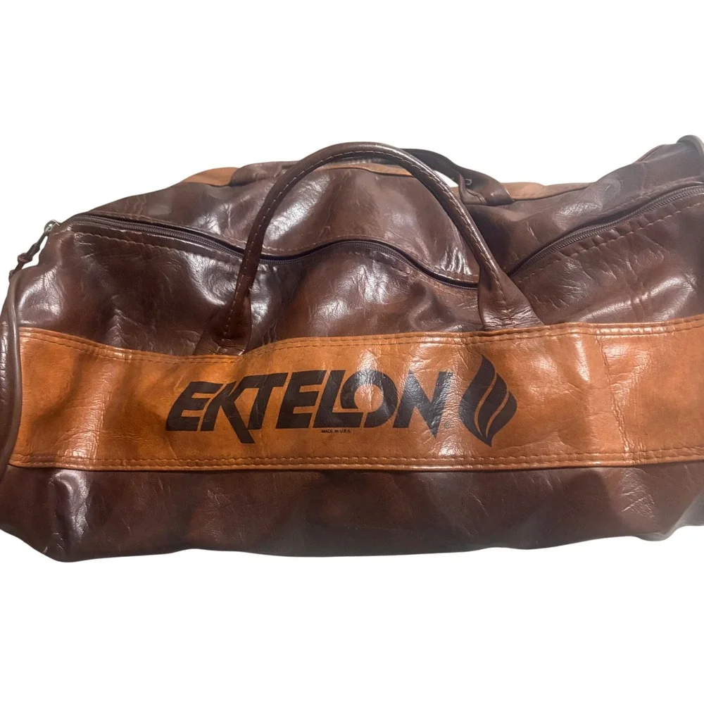 Vintage Ektelon Brown Faux Leather Duffel Gym Bag Made in USA Retro Sport Bag